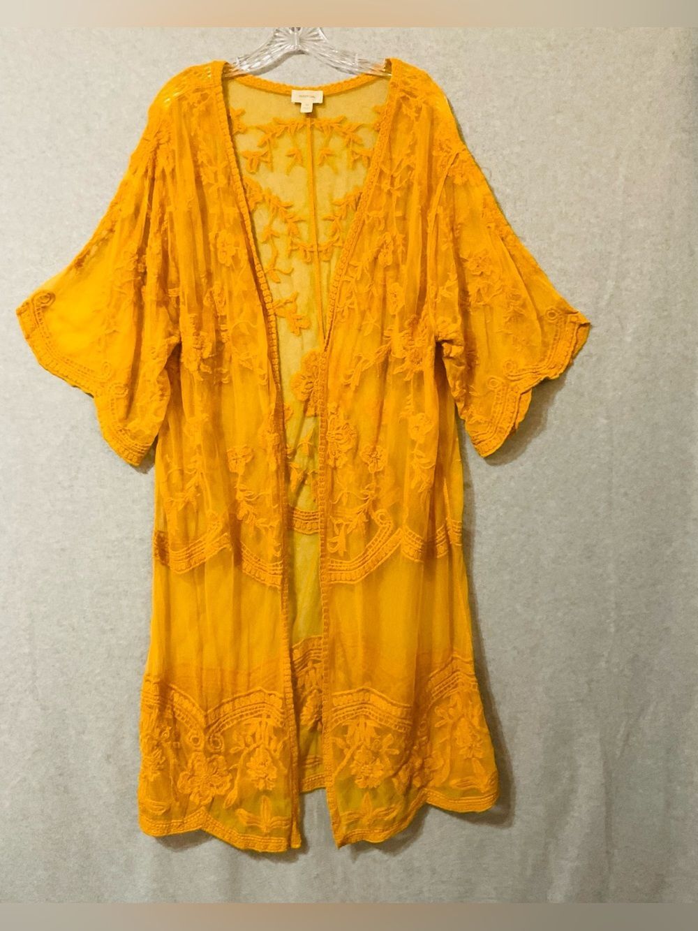 Dizzy GalEmbroidered Sheer Duster Cardigan - Mustard Yellow Sz M